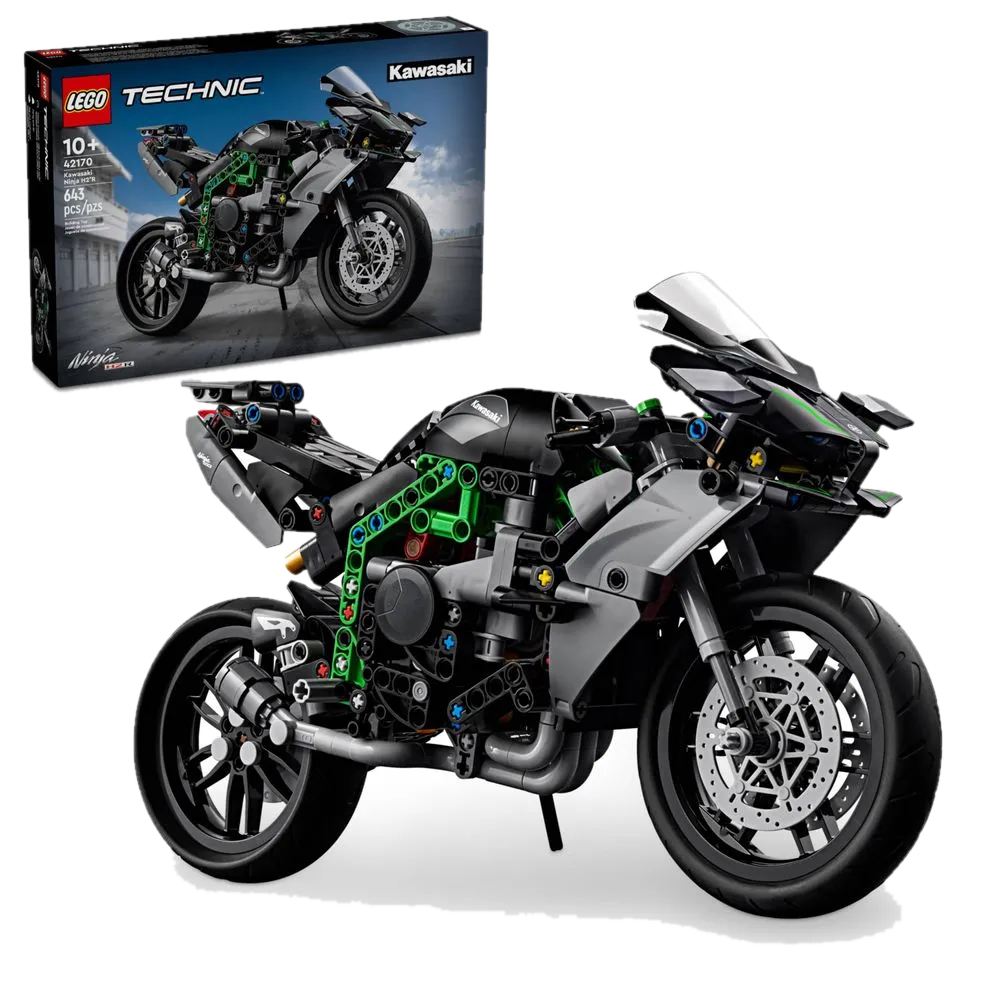 Caixa lacrada do LEGO Technic 42170 com a Ninja H2R ao lado
