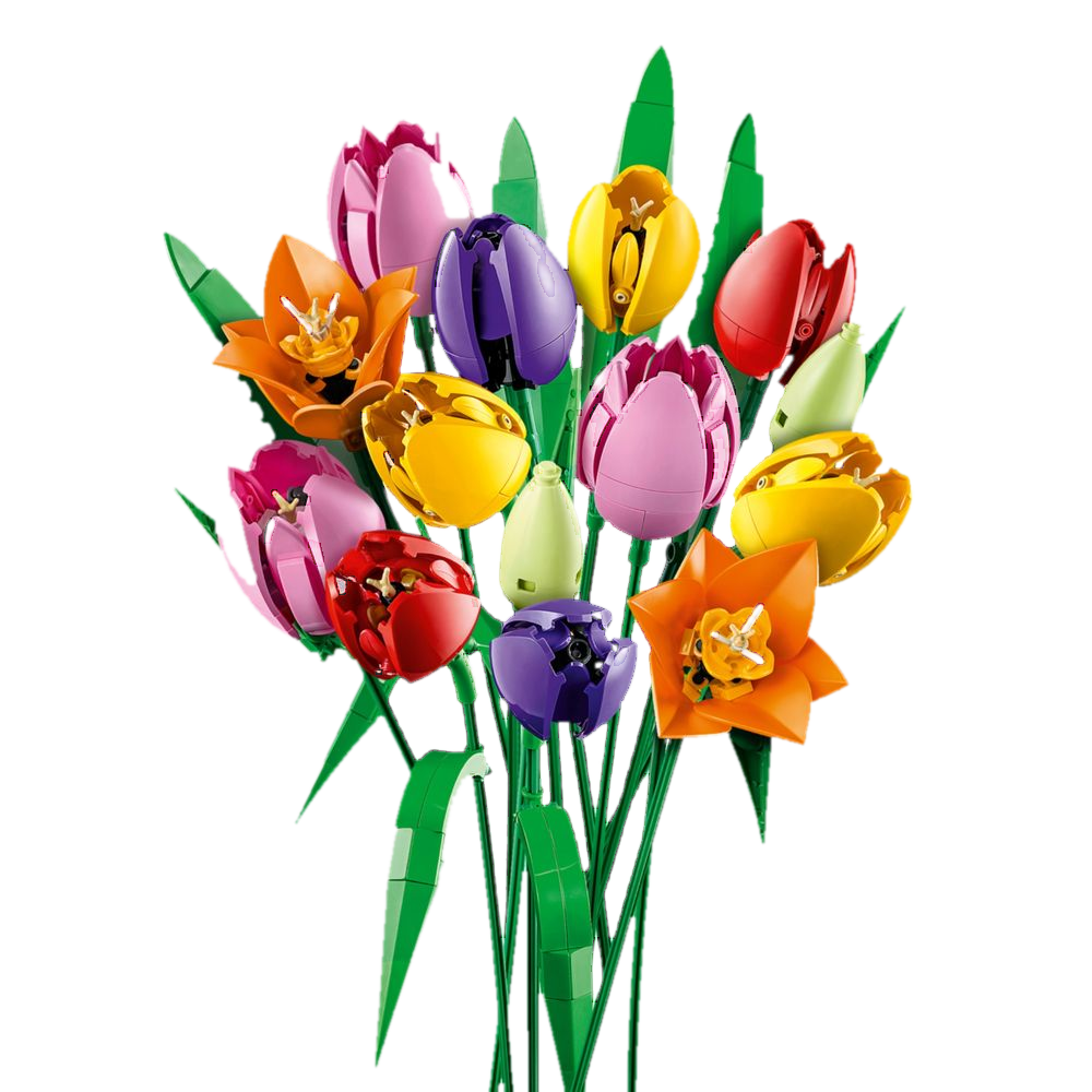 LEGO Botanicals 11501 Buquê de Tulipas: cinco variedades de tulipas em rosa, roxo, vermelho, amarelo, laranja com folhas verdes e botões fechados, caules sem vaso