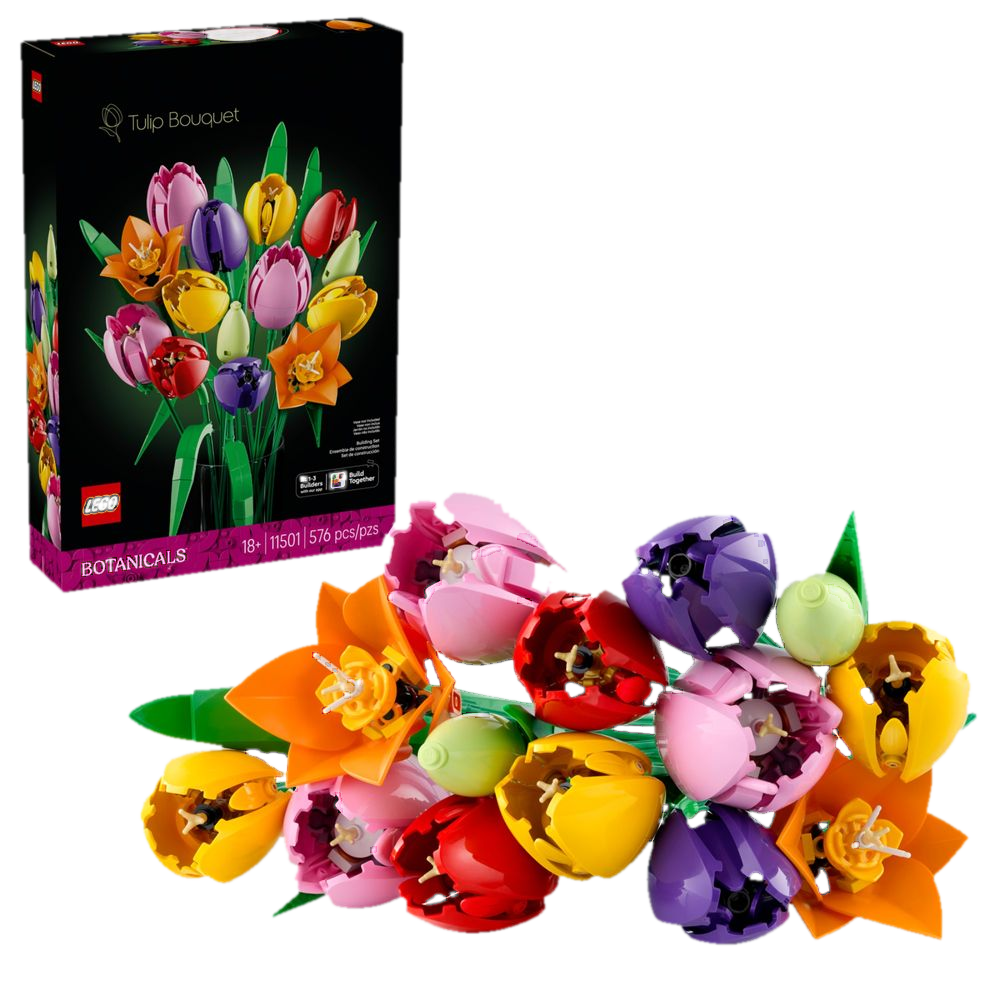 LEGO Botanicals 11501 Buquê de Tulipas: caixa lacrada Tulip Bouquet ao lado do conjunto de cabeças de tulipas montadas em rosa, roxo, vermelho, amarelo e laranja