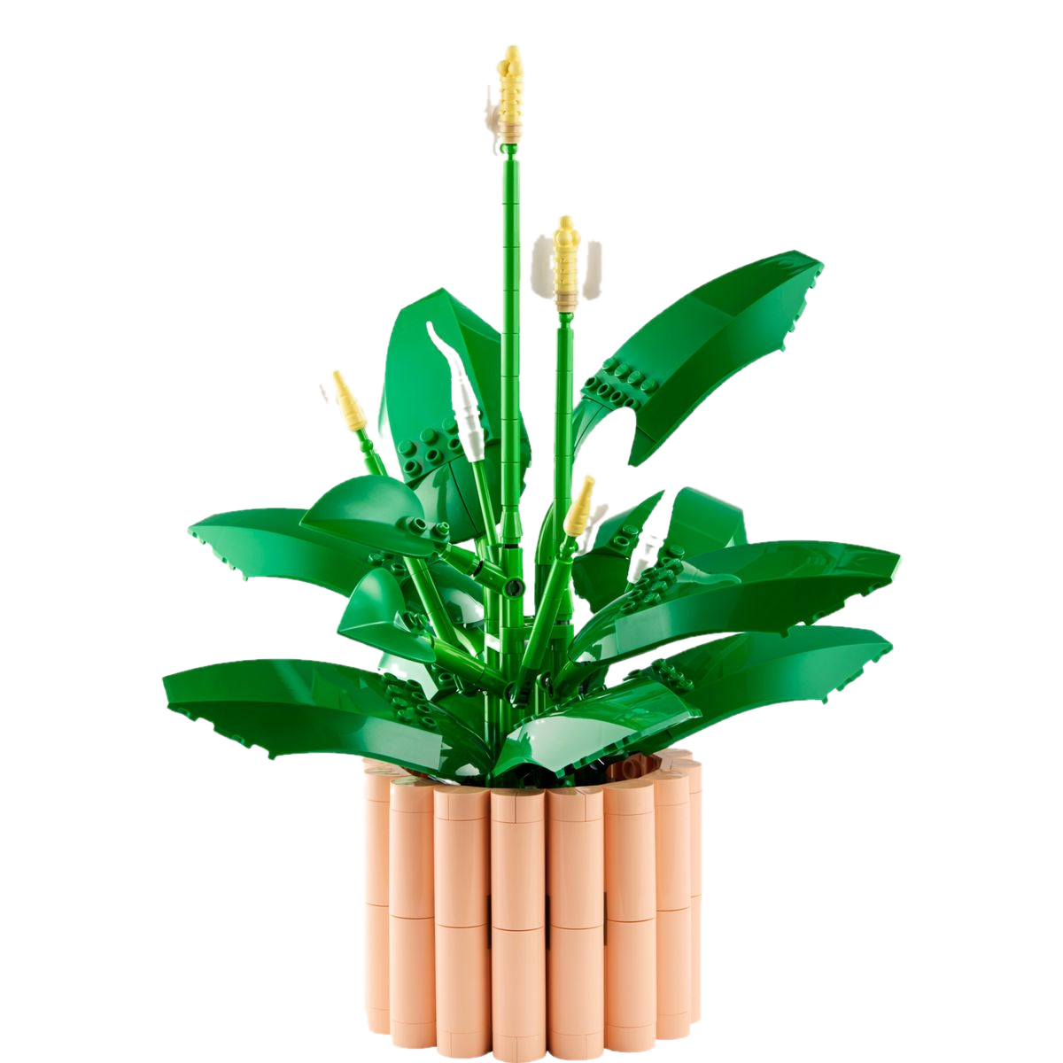 LEGO Botanicals Lírio da Paz 11504, vista frontal da planta com flores brancas e vaso pêssego