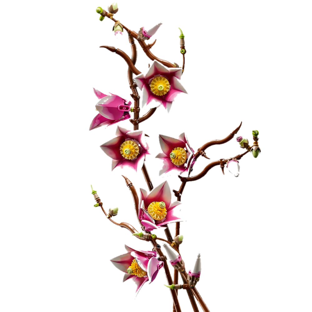 Ramo único de Magnólia LEGO 11510 visto verticalmente, flores rosa em diferentes estágios de abertura num só galho