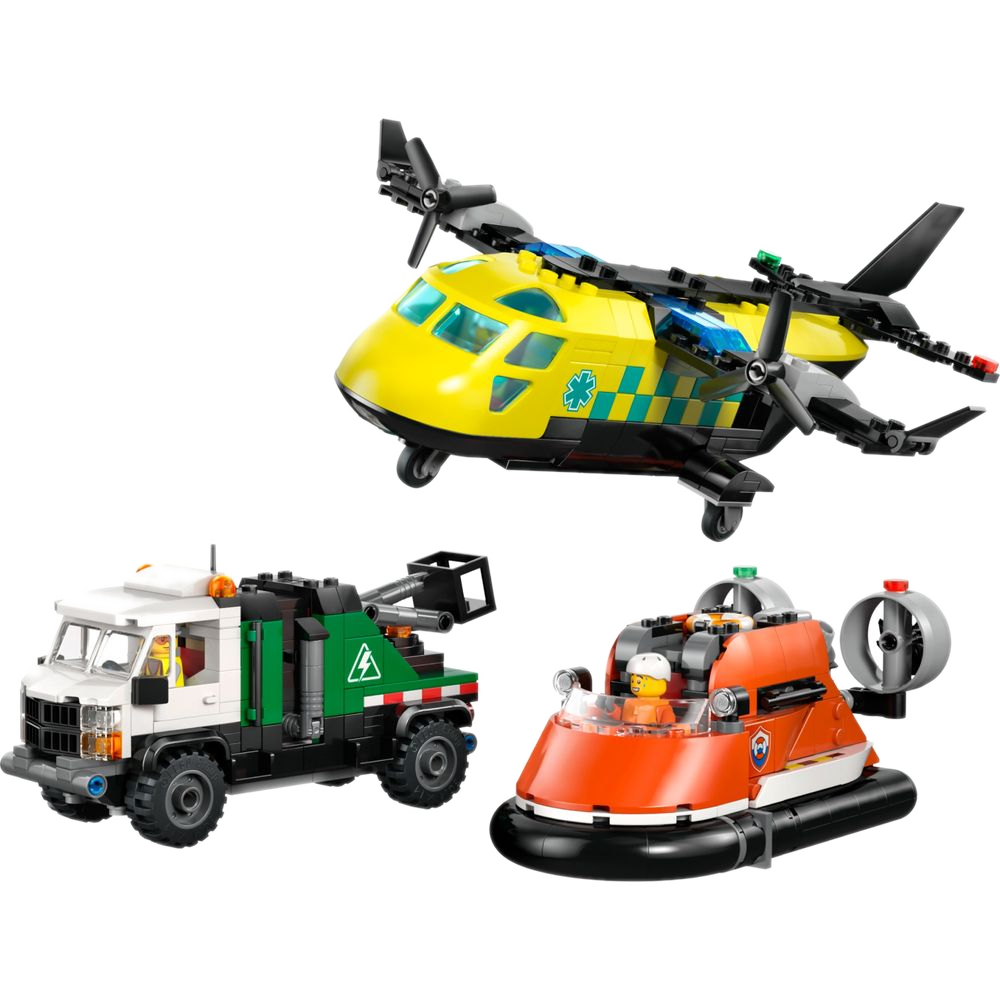 LEGO City 60505 — Avião médico amarelo, Caminhão verde de serviço e Aerobarco laranja de resgate, 990 peças