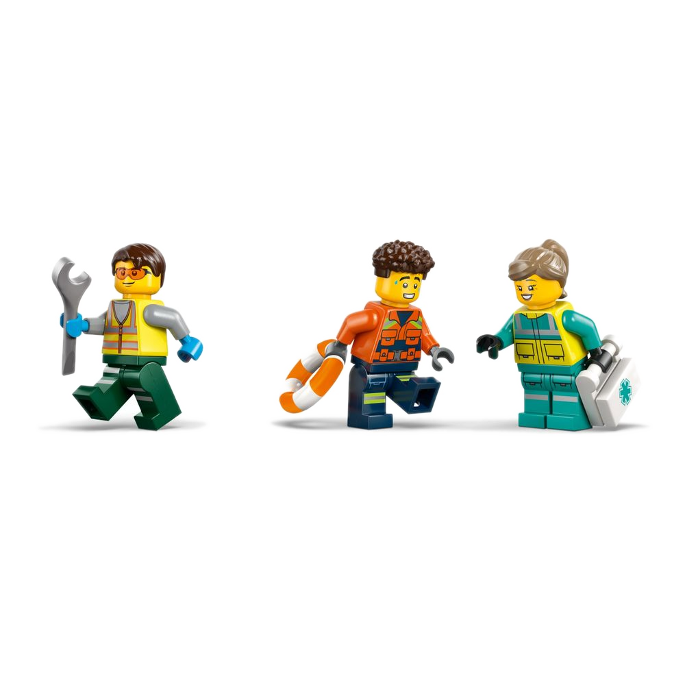 3 minifiguras LEGO City 60505: mecânico, socorrista marítimo e médica