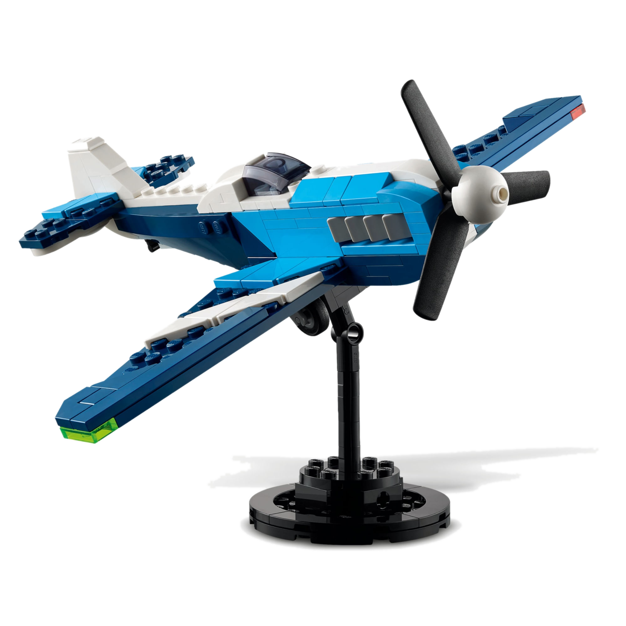 LEGO Creator 31160 montado no modo Avião de Corrida azul com base de exibição