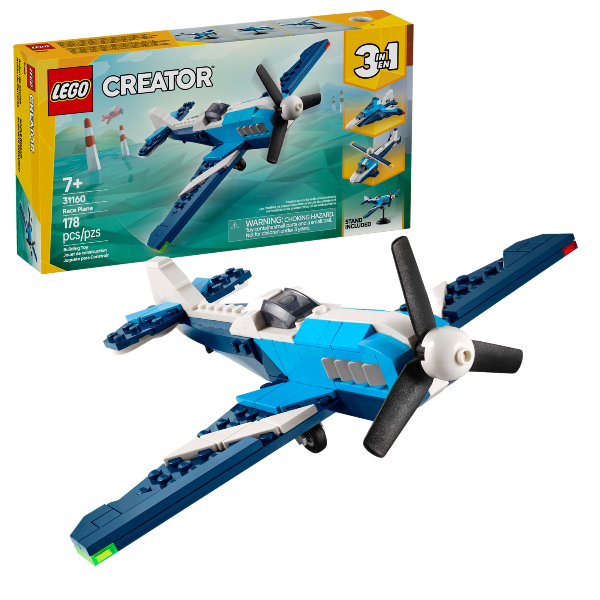 Caixa LEGO Creator 31160 Avião de Corrida ao lado do avião montado, 178 peças