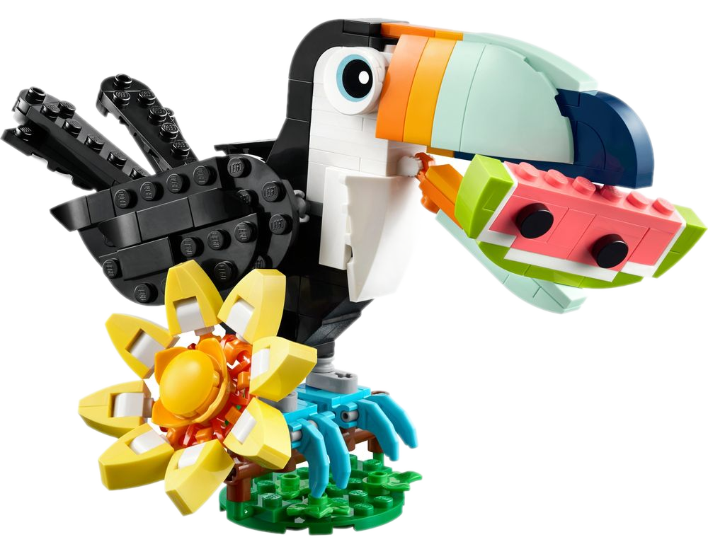 LEGO Creator 31173 montado no modo Tucano Tropical com bico laranja segurando melancia e cauda preta