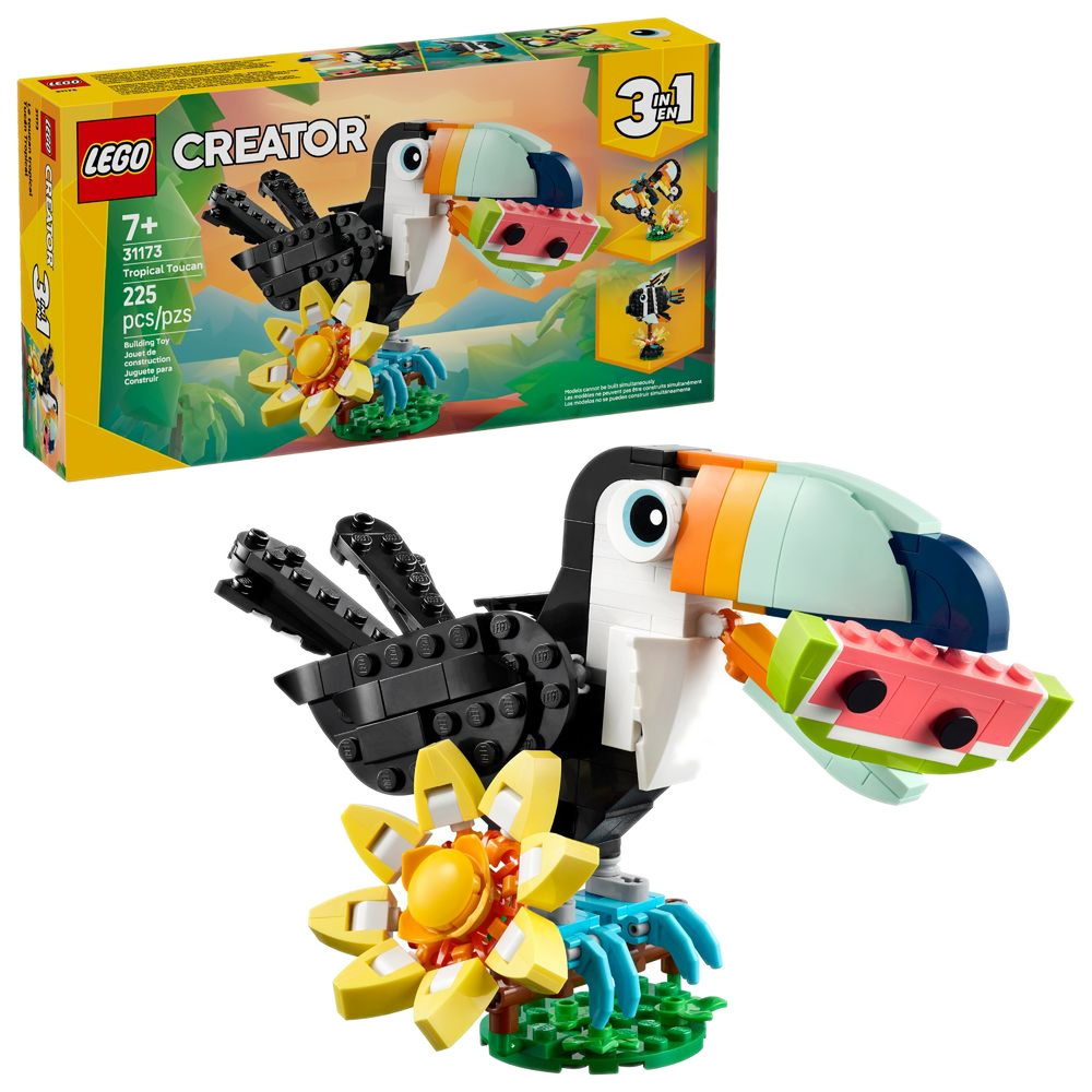 Caixa LEGO Creator 31173 Tucano Tropical lacrada ao lado do tucano montado, 225 peças, 7+ anos