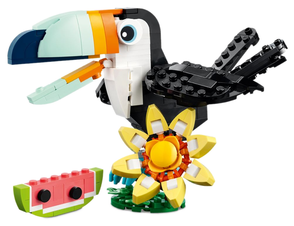 LEGO Creator 31173 Tucano Tropical com bico laranja e mint segurando melancia, sobre flor amarela, 225 peças