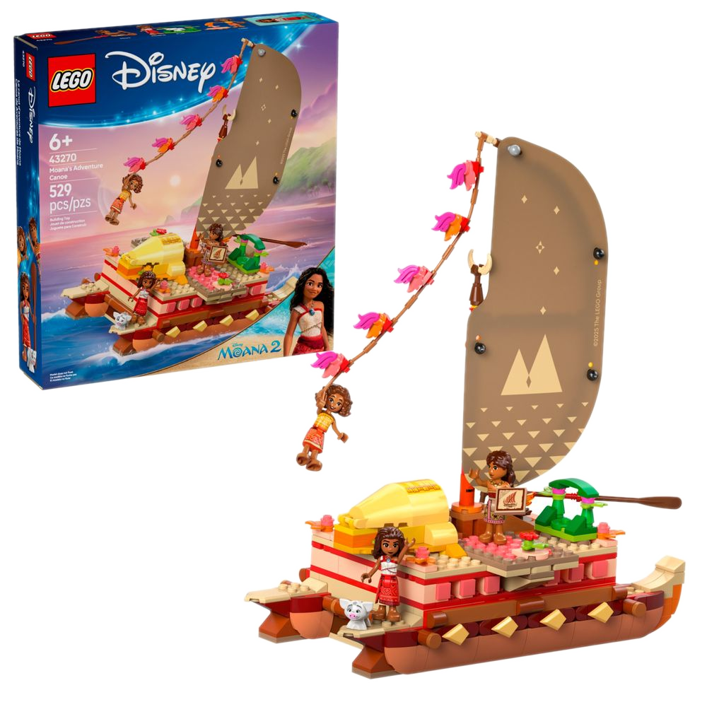 Caixa LEGO Disney 43270 Canoa da Moana ao lado da canoa montada com vela aberta