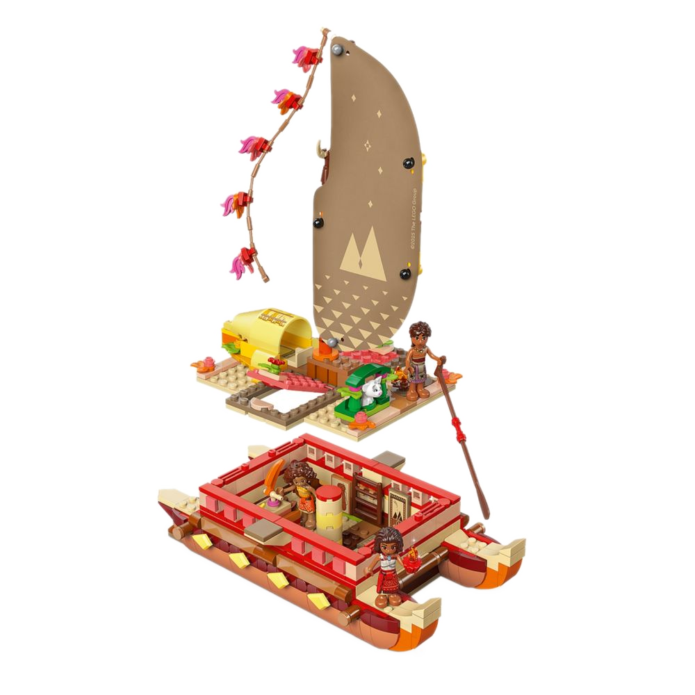 Canoa LEGO Moana com convés removível levantado mostrando o ambiente interno