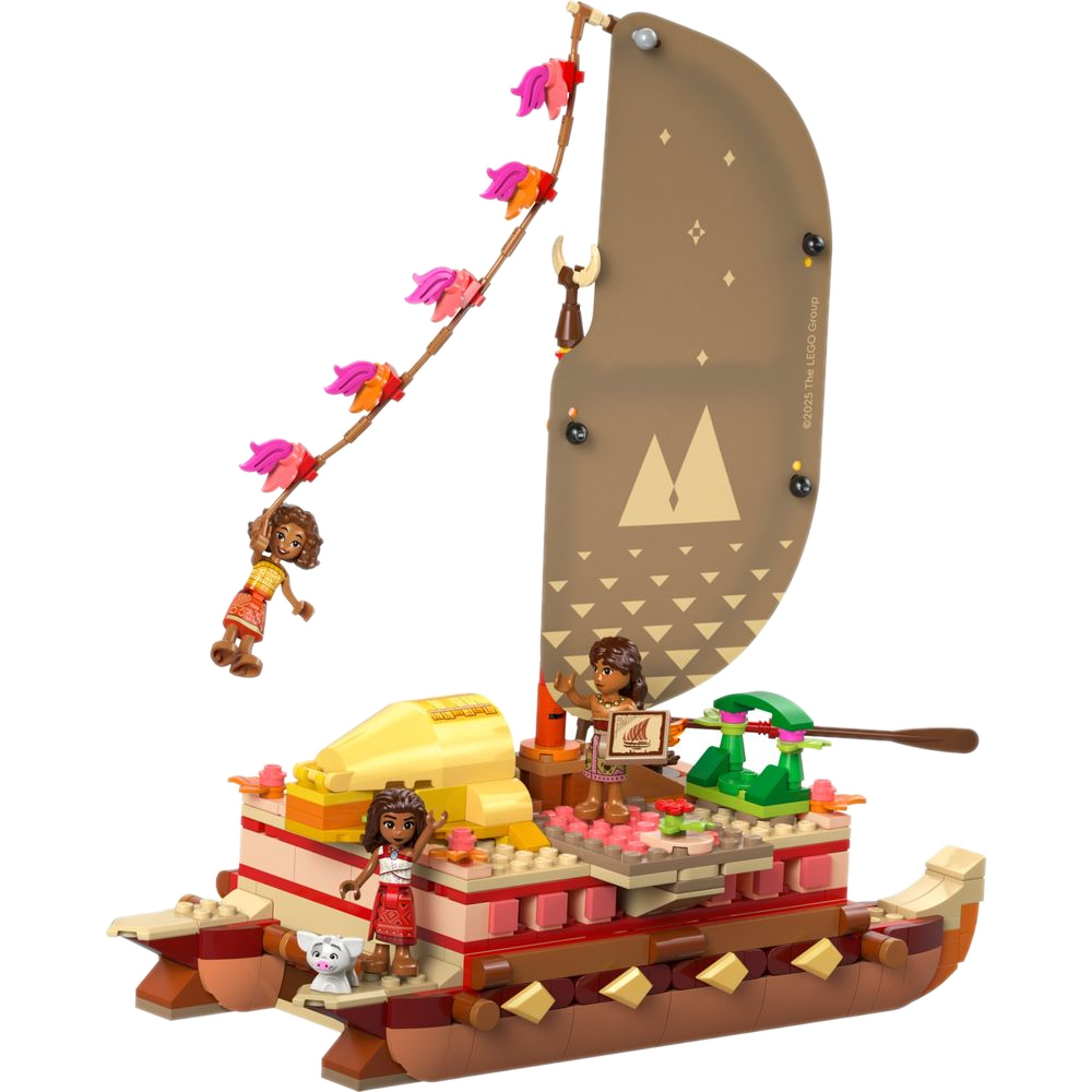 LEGO Disney 43270 Canoa de Aventura da Moana com Moana balançando na corda da vela