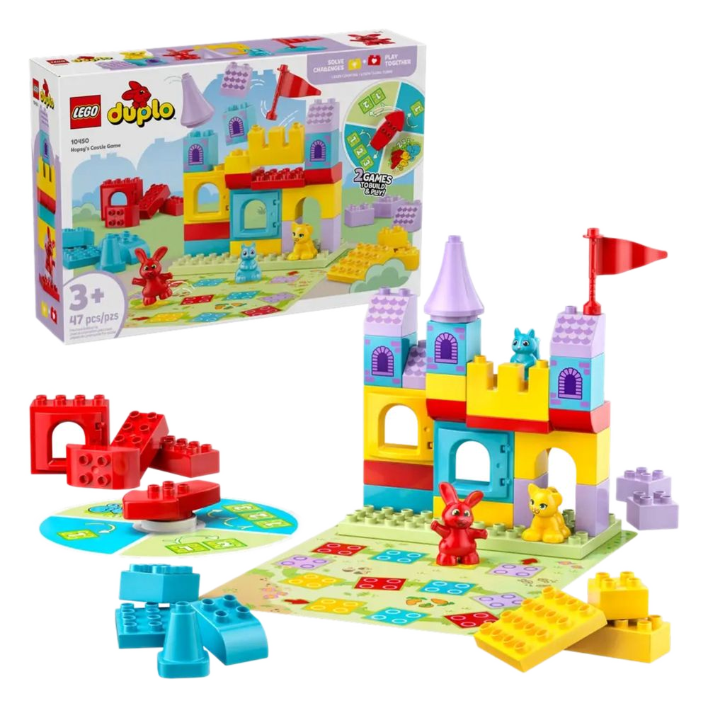 Caixa LEGO DUPLO 10450 Jogo do Castelo do Hopsy lacrada ao lado do produto montado