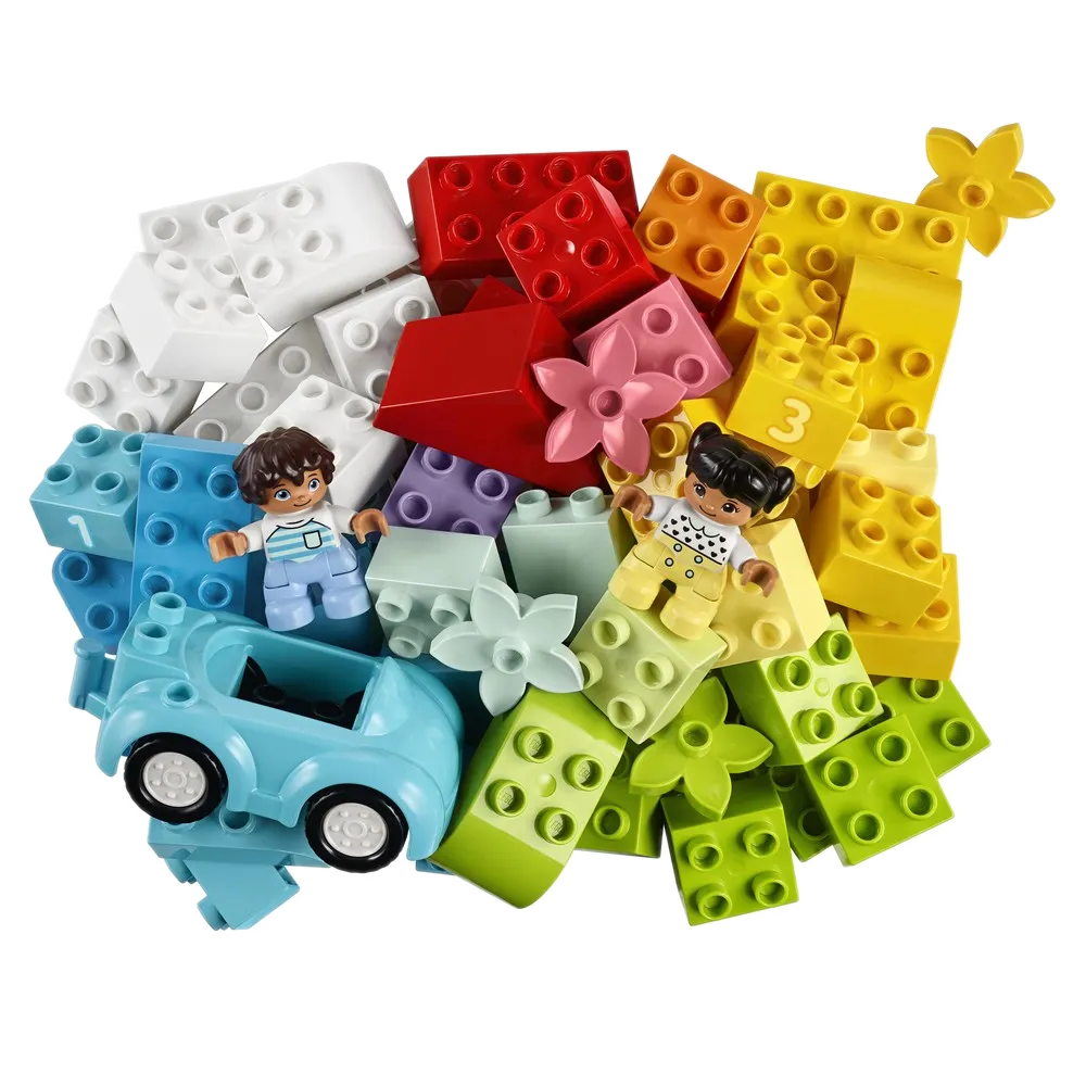 LEGO DUPLO Caixa de Peças 10913: 65 peças coloridas, carrinho azul, flores, figuras DUPLO e tijolos 1-2-3