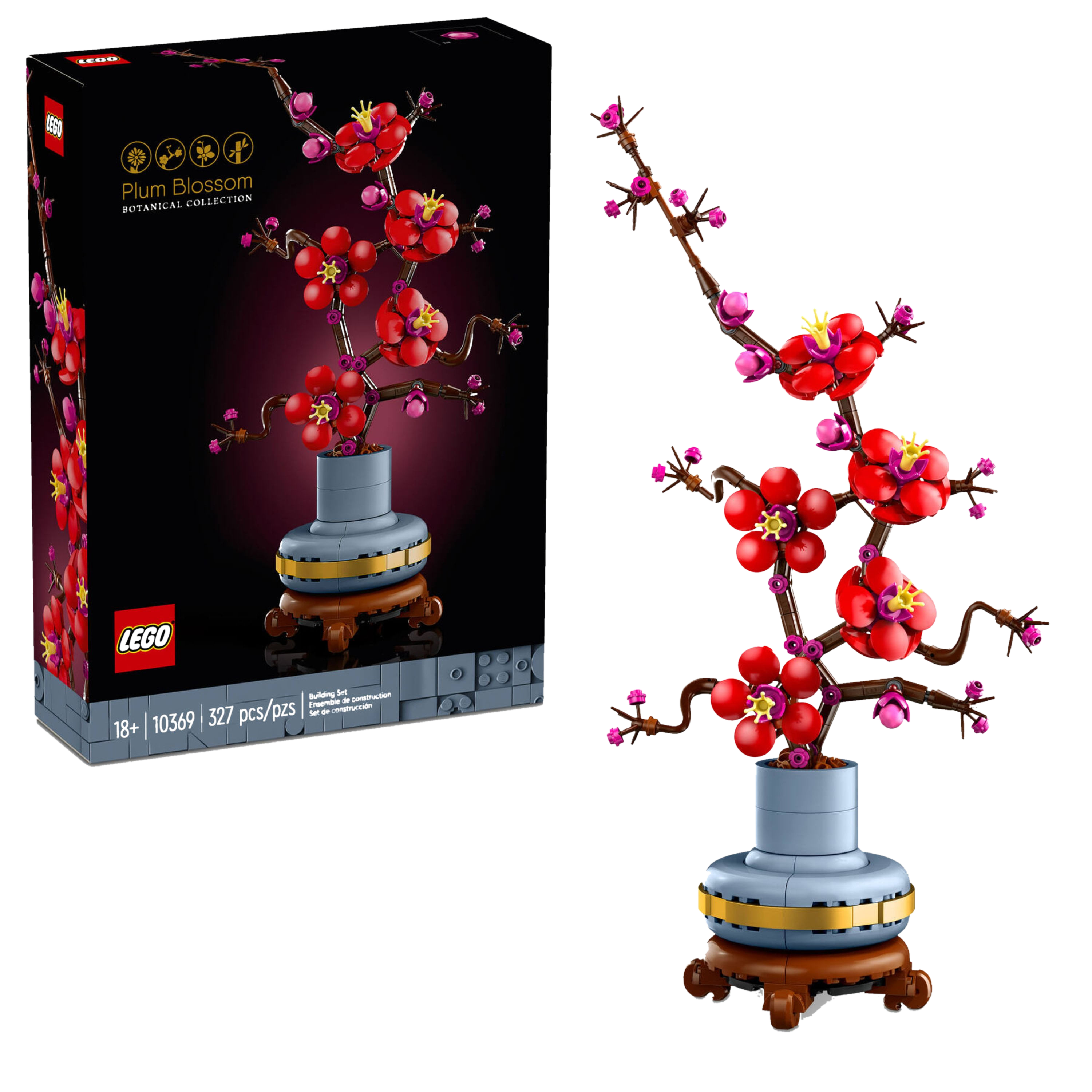 LEGO Icons 10369 Flor de Ameixa, caixa lacrada e produto montado