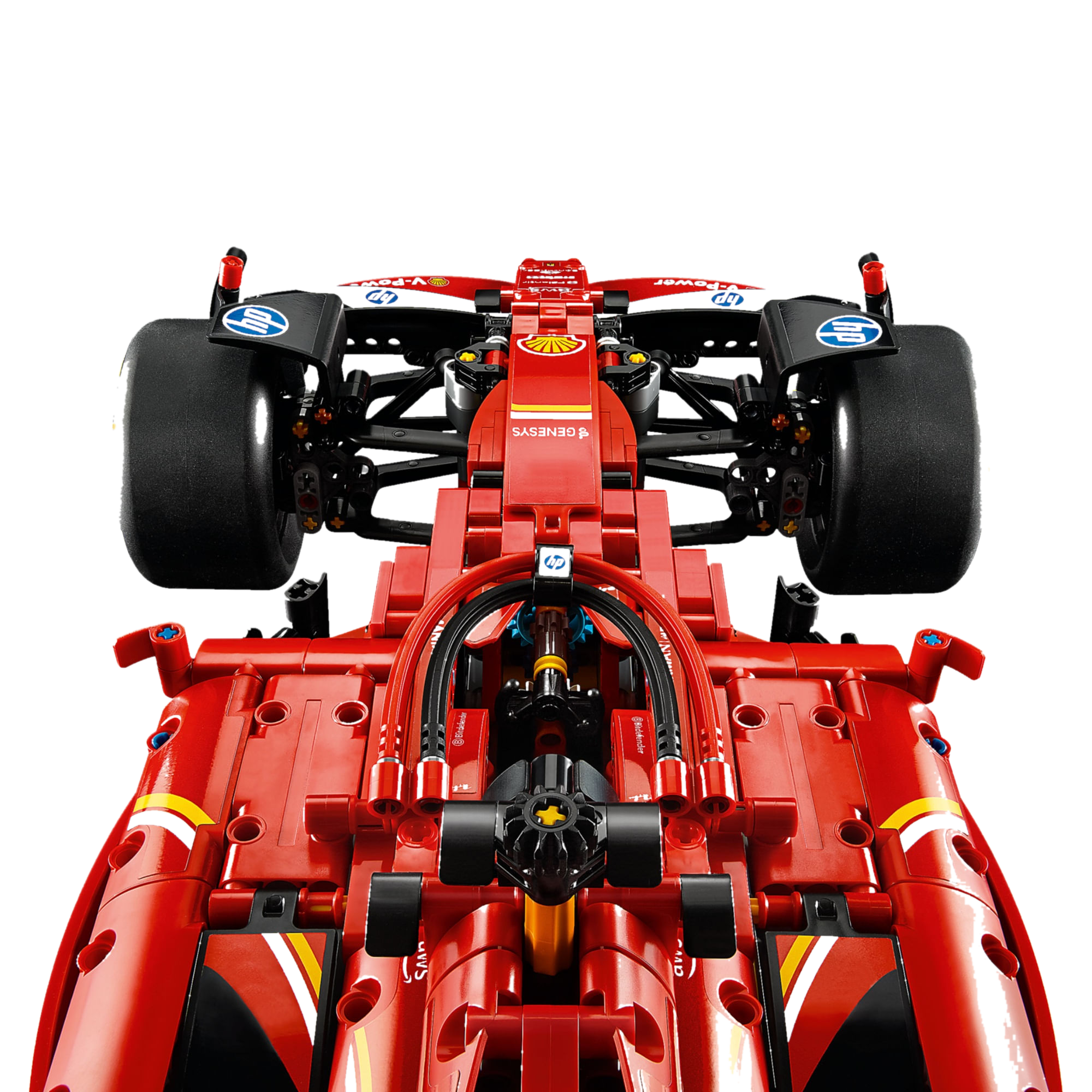 Detalhe interno traseiro da Ferrari SF-24, suspensão e câmbio expostos