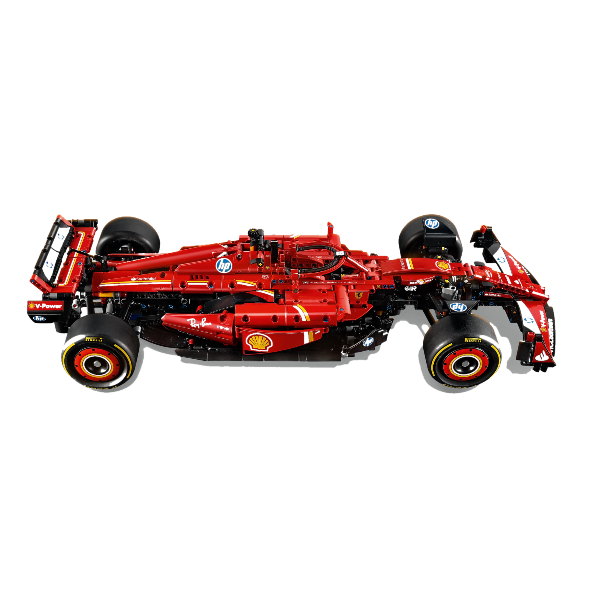 Lateral da Ferrari SF-24 mostrando livery vermelho com faixa amarela, decals HP, Shell, Ray-Ban e Santander, side pods esculpidos