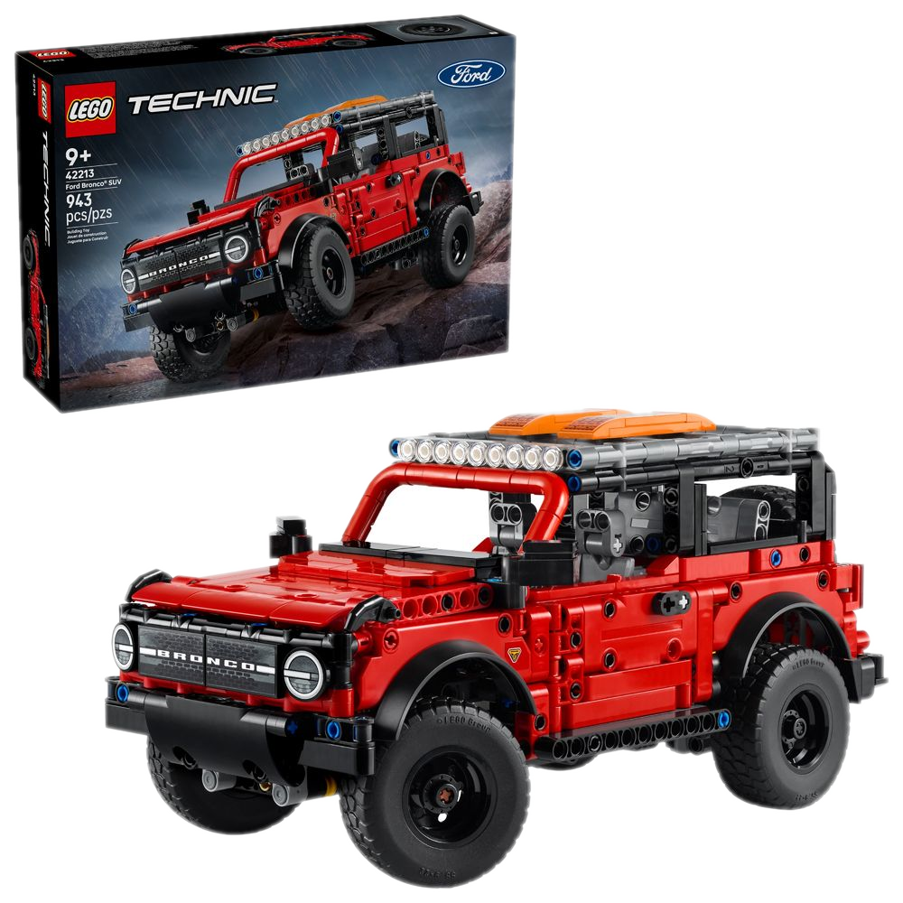 Caixa LEGO Technic 42213 Ford Bronco SUV lacrada ao lado do modelo montado, 943 peças, 9+ anos