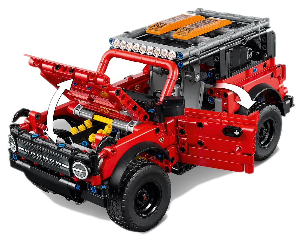 Ford Bronco LEGO Technic 42213 com capô aberto revelando motor V6 amarelo