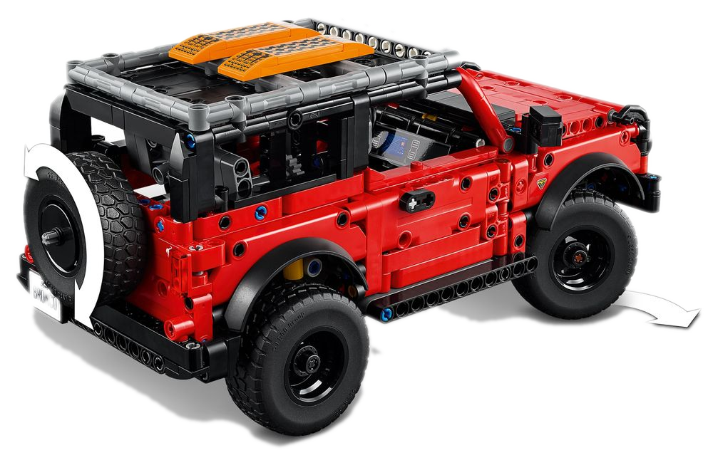 Ford Bronco LEGO Technic 42213 três-quartos com bagageiro de teto e placas de tração laranja