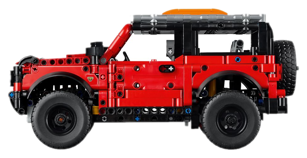 Ford Bronco LEGO Technic 42213 visto de perfil com suspensão e pneus off-road