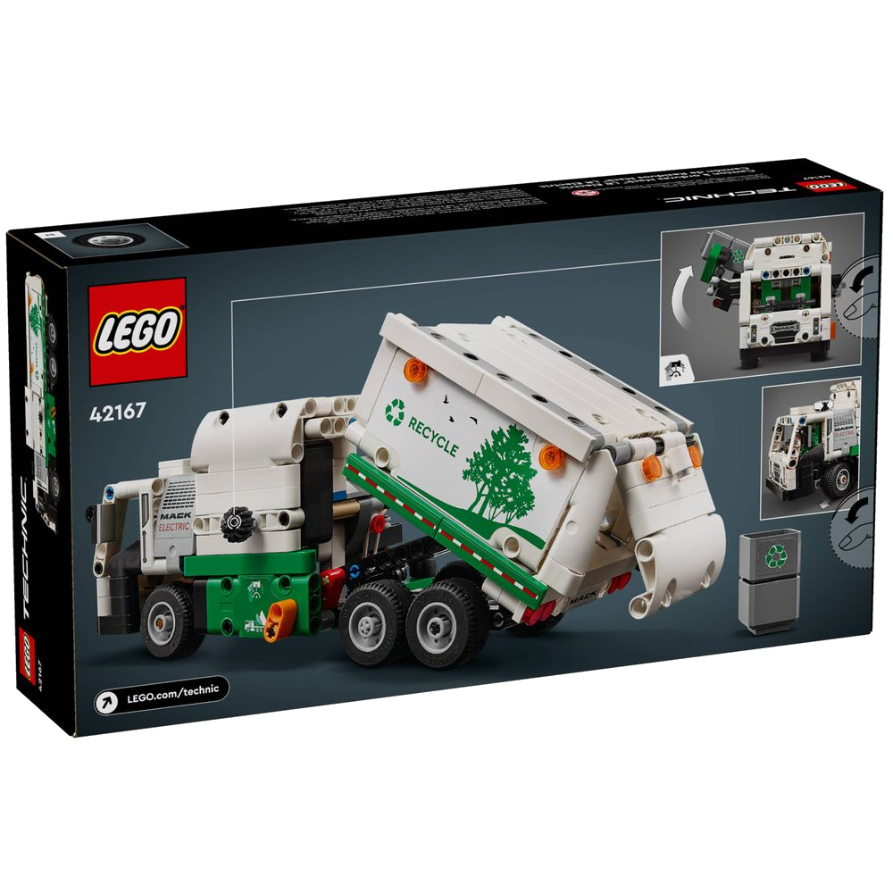 LEGO Technic 42167 Caminhão de Lixo Mack LR Electric, caixa oficial verde e branca com a foto do caminhão de coleta urbana