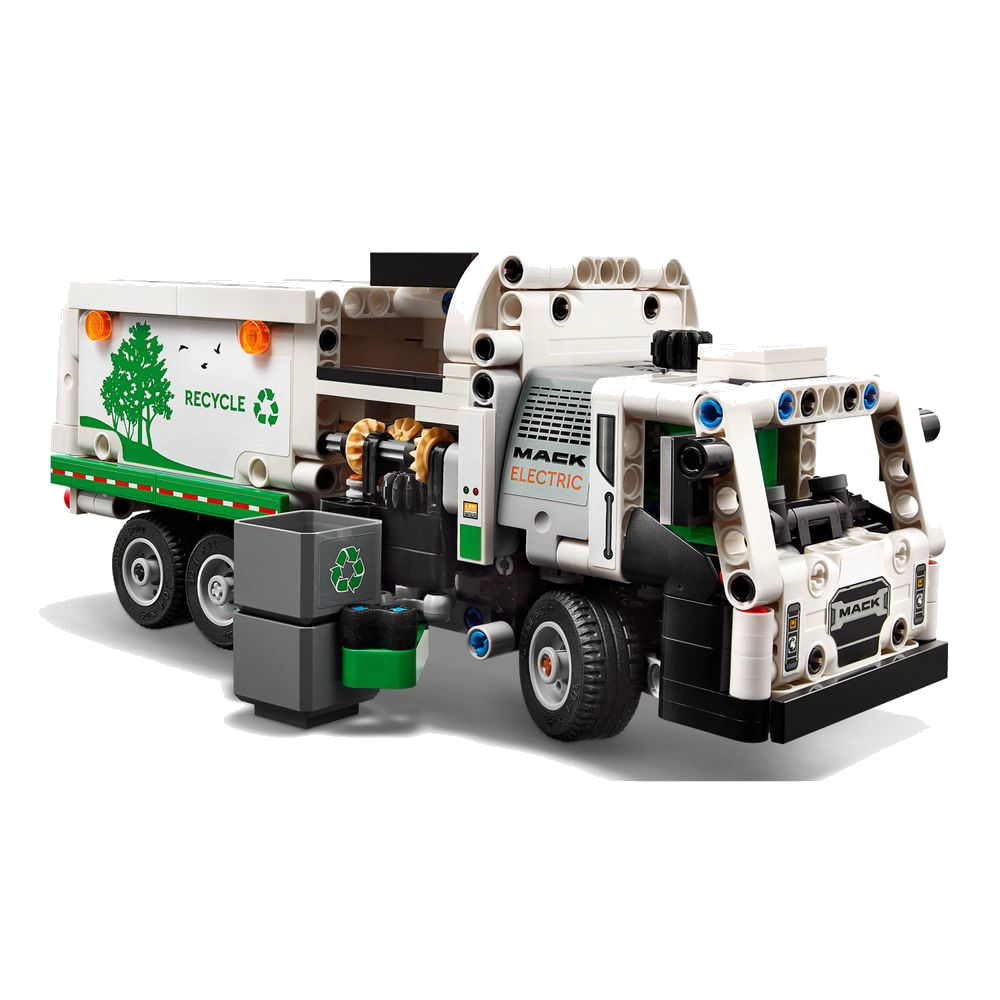 Close-up do mecanismo de carregador lateral do LEGO Technic Mack 42167, com lixeira agarrada antes do basculamento