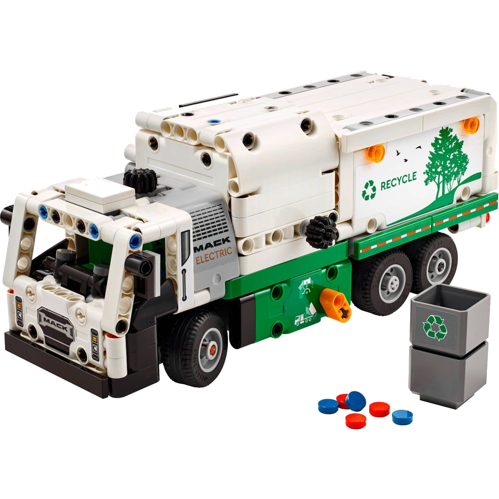 LEGO Technic 42167 Caminhão de Lixo Mack LR Electric, vista 3/4 frontal do caminhão elétrico de coleta urbana com cabine e caçamba traseira