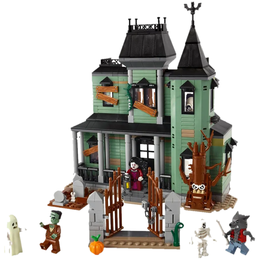 LEGO Creator 3-em-1 31167 Mansão Mal-Assombrada: fachada verde-musgo, telhado preto, torre com morcego, portões de cemitério e cinco minifiguras: Vampira, Frankenstein, Fantasma, Esqueleto e Lobisomem