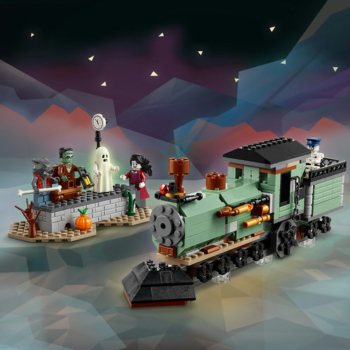 LEGO 31167: terceiro modelo do 3-em-1, Trem Assombrado com locomotiva verde de chaminé, vagão de pedra e Vampira ao lado de Frankenstein no trilho