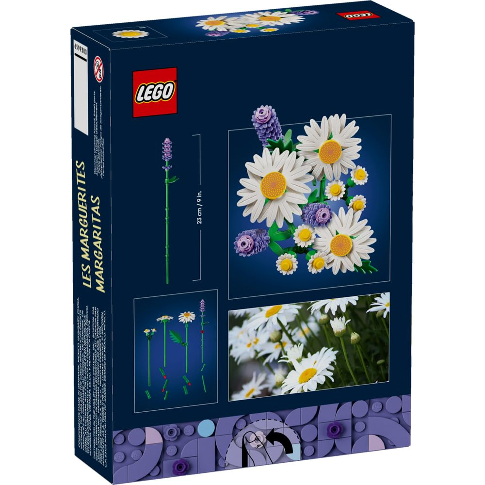 Set LEGO Botanical 11508 Margaridas exibido em vaso de vidro sobre prateleira rosa, vaso ilustrativo, não acompanha o set