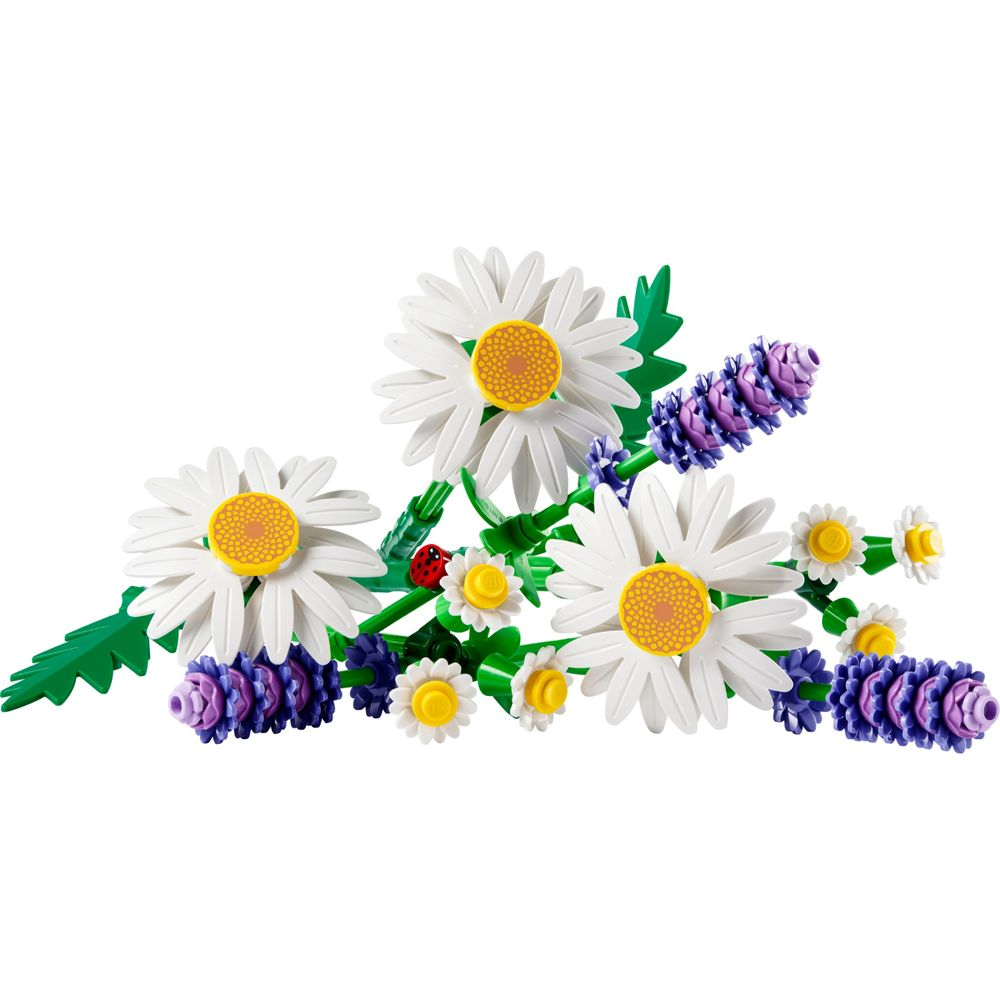 LEGO Botanical Margaridas 11508, três margaridas grandes brancas com miolo amarelo e três lavandas roxas