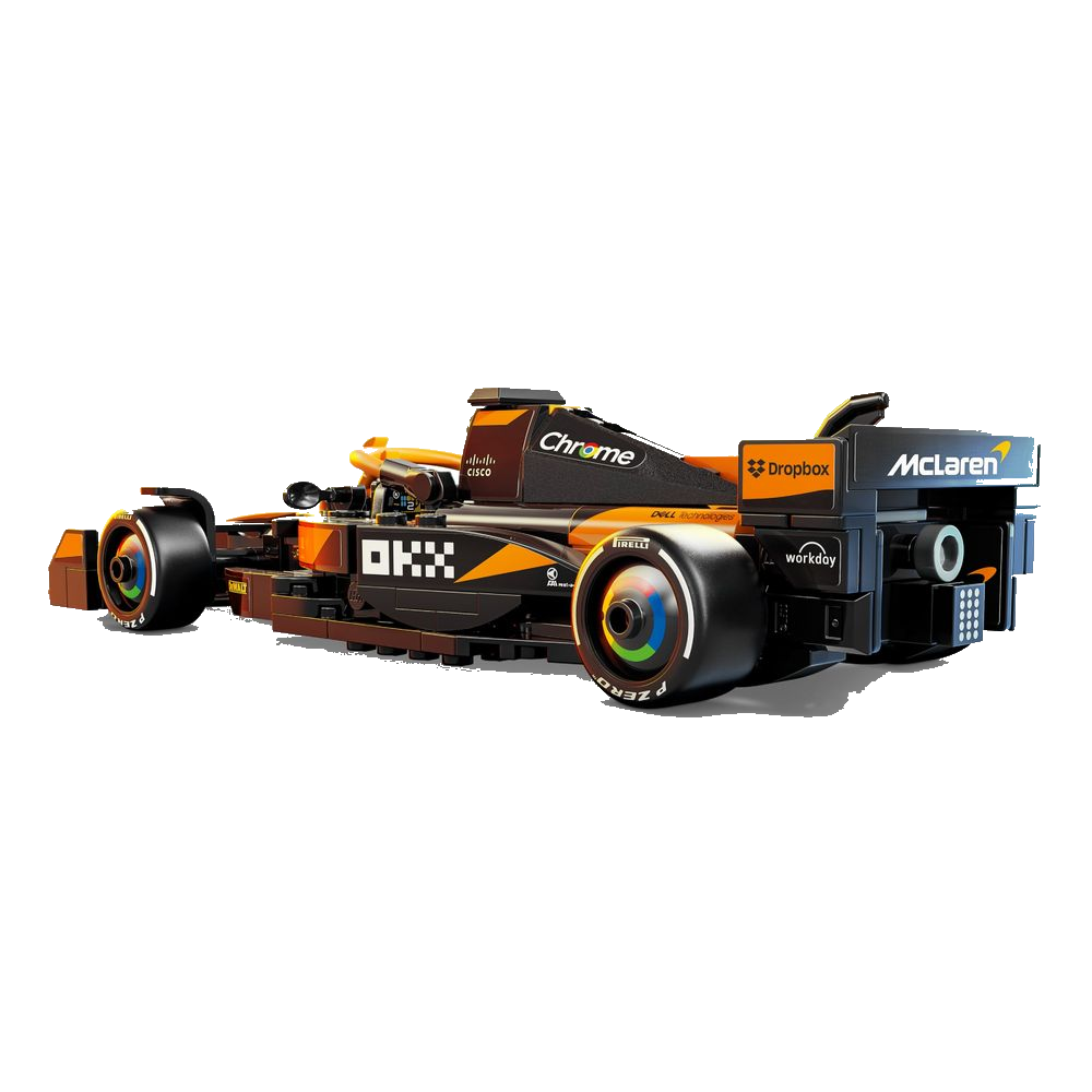 Frente da McLaren F1 Team MCL38 em LEGO mostrando faróis e front splitter