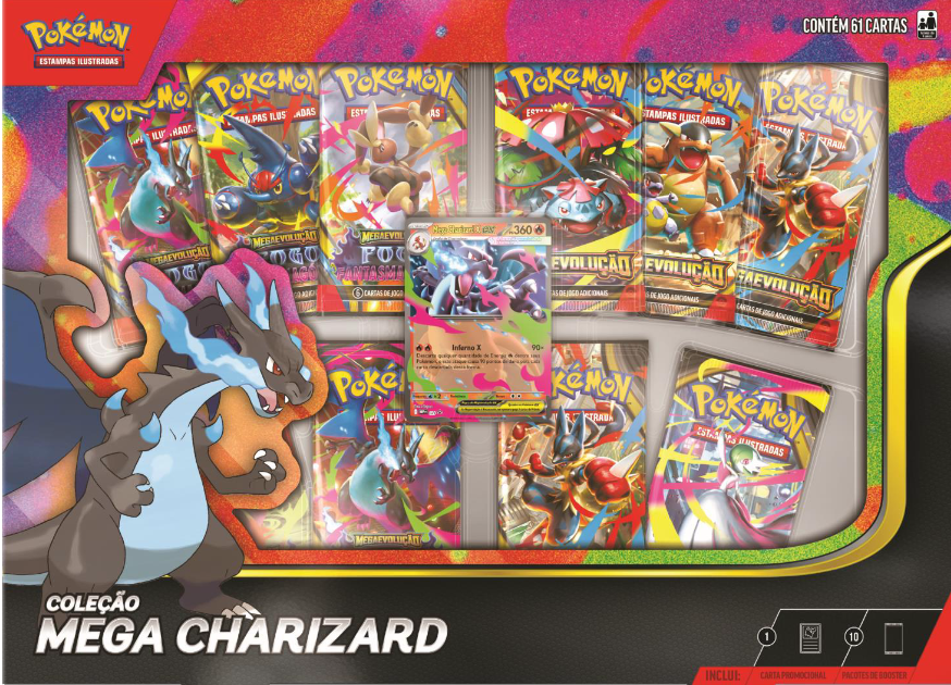Box Coleção Mega Charizard do Pokémon Estampas Ilustradas: 10 boosters + carta laminada
