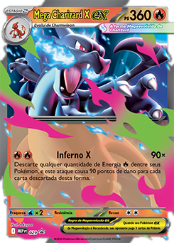 Carta laminada Mega Charizard X ex: 360 HP, ataque Inferno X. Pokémon TCG Coleção Mega Charizard