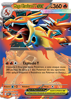 Carta laminada Mega Charizard Y ex: 360 HP, ataque Explosão Y 280. Pokémon TCG Coleção Mega Charizard