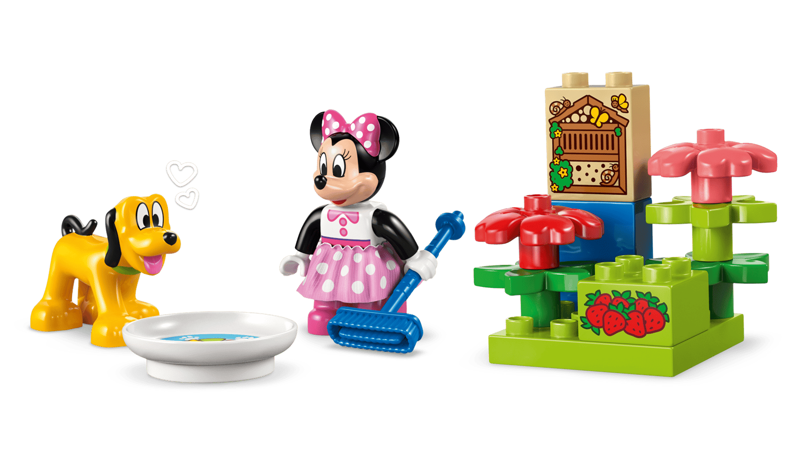 Pluto e Minnie LEGO DUPLO no jardim com flores e morangos