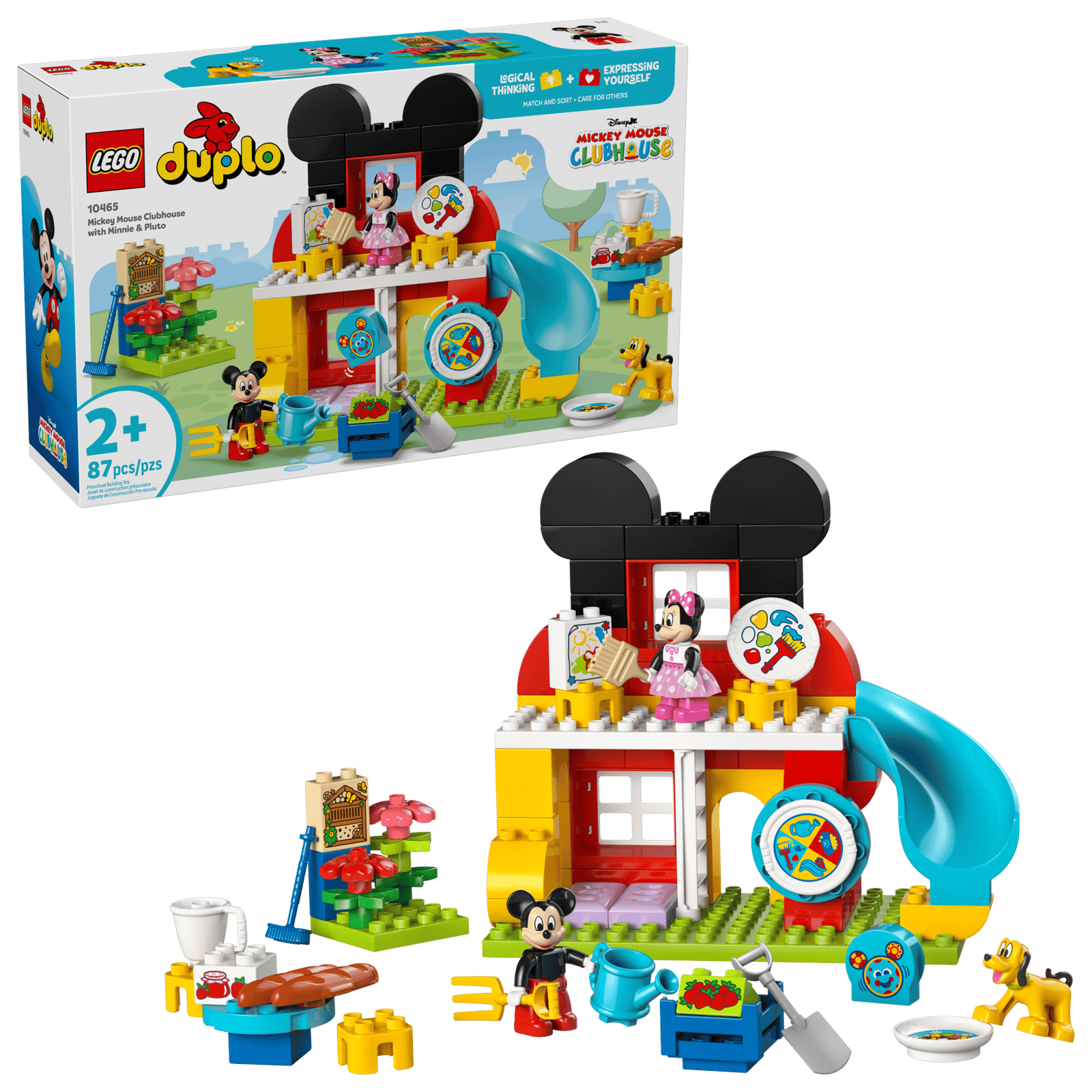 Caixa LEGO DUPLO Casa do Mickey lacrada ao lado do produto montado, 87 peças