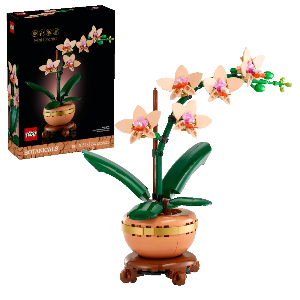 Close do miolo da flor LEGO Orquídea 10343, estame amarelo construído com peças de cupcake e botão verde