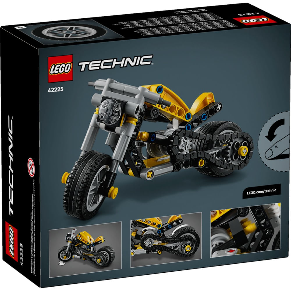 Verso da caixa do LEGO Technic 42225 mostrando corrente e powertrain