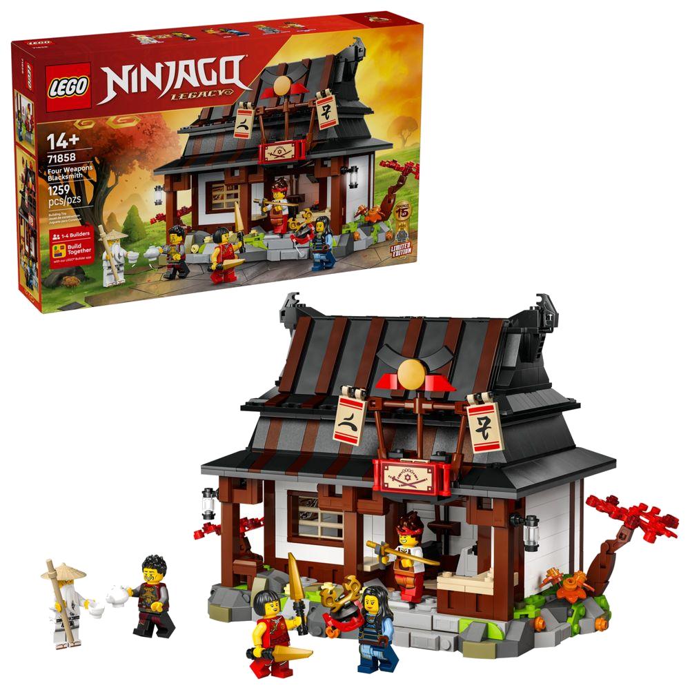 LEGO NINJAGO 71858 Ferreiro das Quatro Armas, modelo da ferraria com forja, mapa dourado e 6 minifiguras