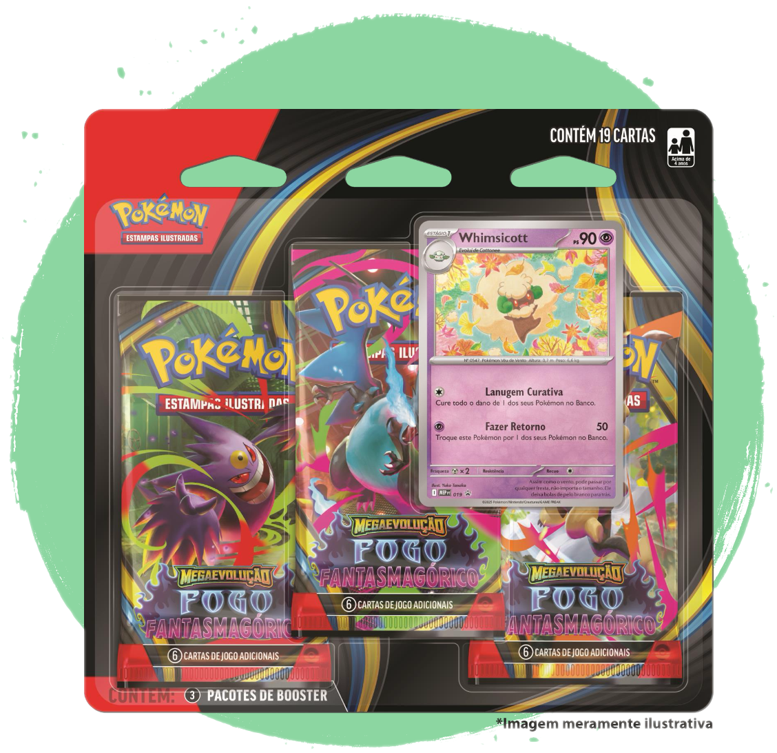 Blister Megaevolução Fogo Fantasmagórico: 3 boosters lacrados + carta foil promocional Pokémon TCG