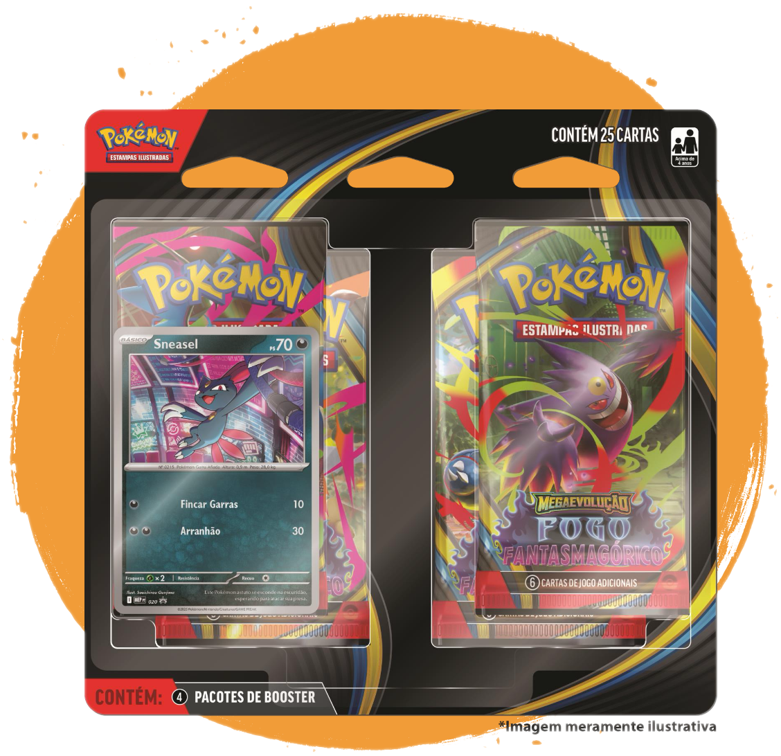 Blister Megaevolução Fogo Fantasmagórico: 4 boosters lacrados + carta foil promocional Pokémon TCG