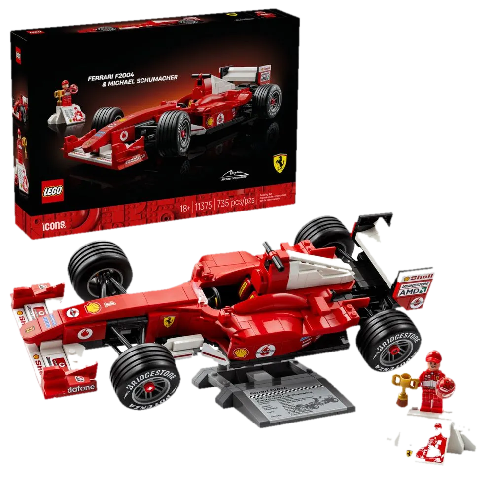 LEGO Icons 11375 Ferrari F2004 e Michael Schumacher: caixa oficial preta com fotos do carro montado e da minifigura do Schumacher