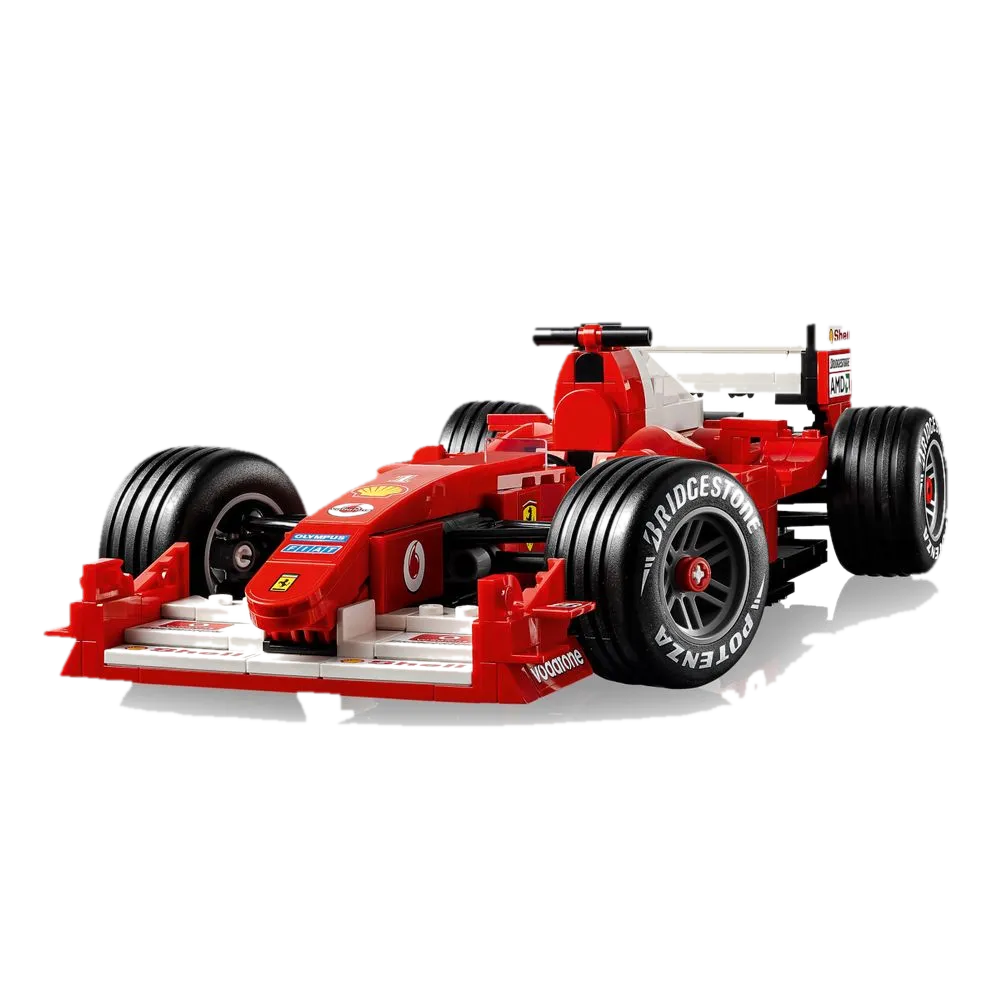 LEGO Icons 11375 Ferrari F2004 e Michael Schumacher: vista frontal do F1 vermelho com pneus Bridgestone Potenza, cavallino e logo Vodafone