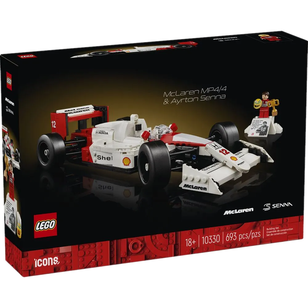 Caixa LEGO Icons 10330 McLaren MP4/4 e Ayrton Senna oficial: preta e dourada com fotos do carro e da minifigura