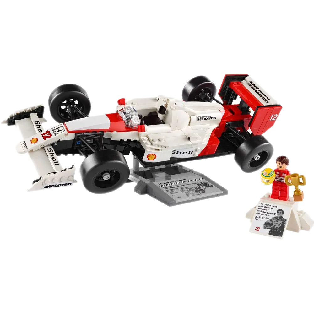 LEGO Icons 10330 McLaren MP4/4 montado sobre a base de display com placa McLaren MP4/4, 1988 Formula 1 Constructors' Cup