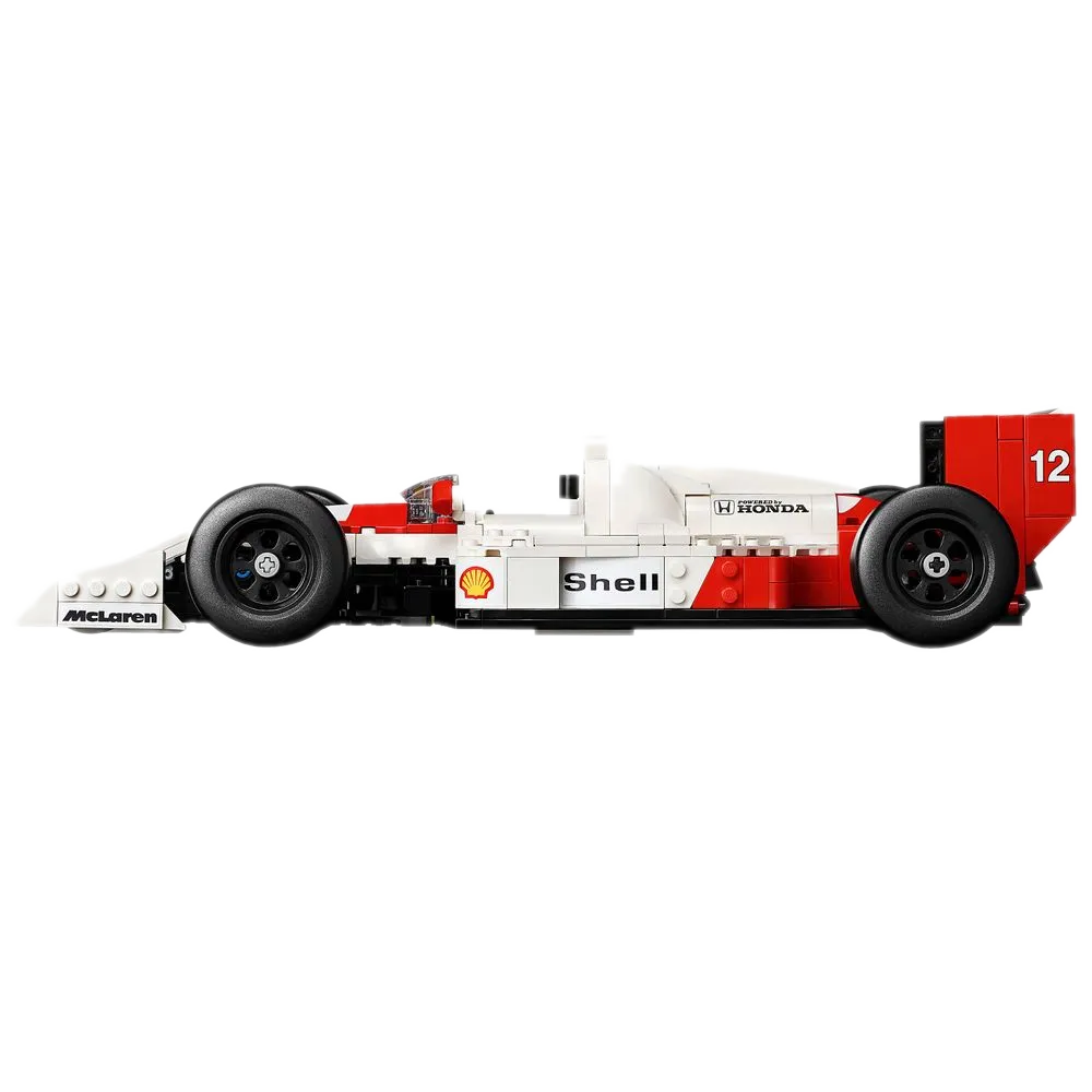 LEGO Icons 10330 McLaren MP4/4 e Ayrton Senna: vista lateral do F1 vermelho e branco com Shell, Honda, número 12