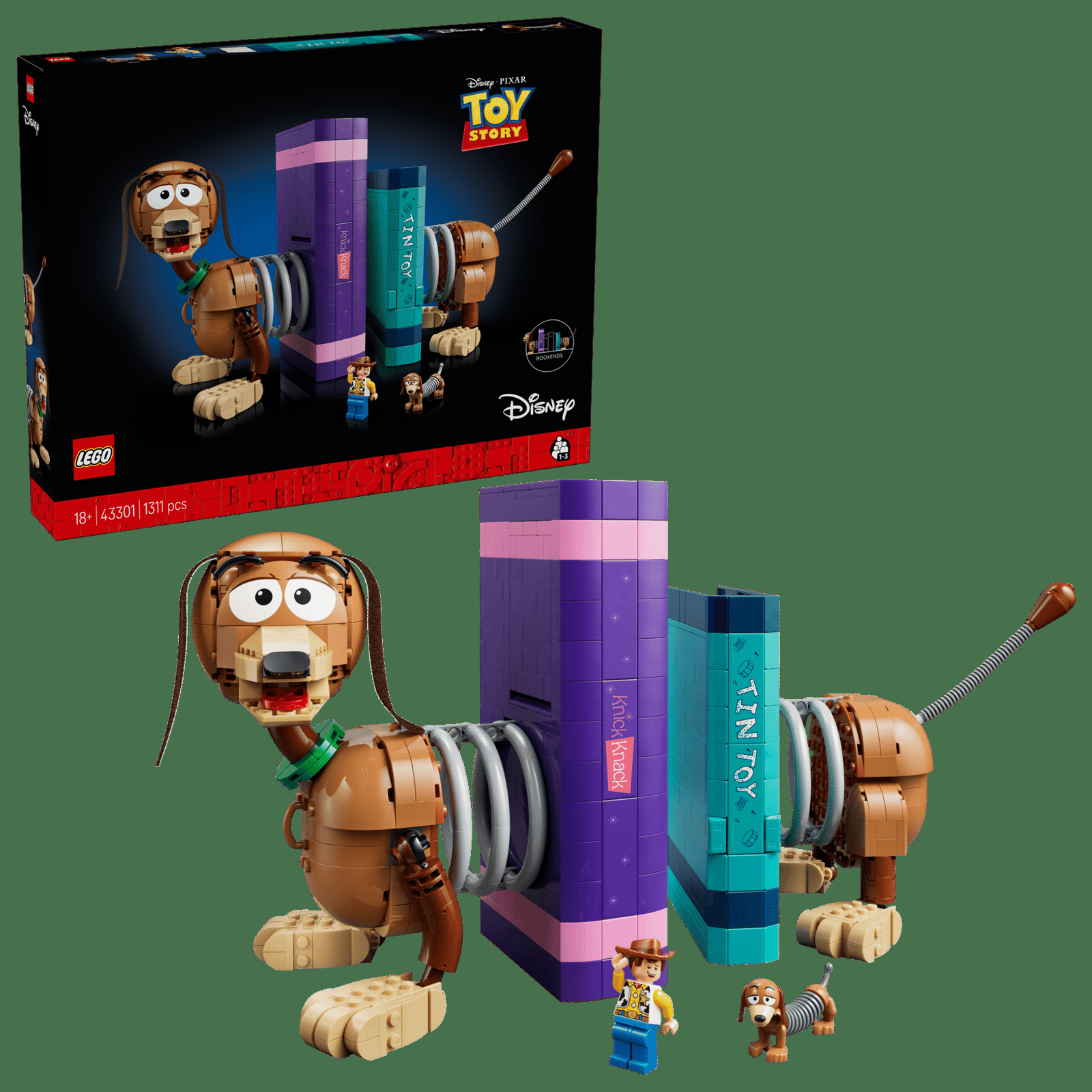 Caixa LEGO Toy Story 43301 Slinky Dog Bookends lacrada ao lado do produto montado
