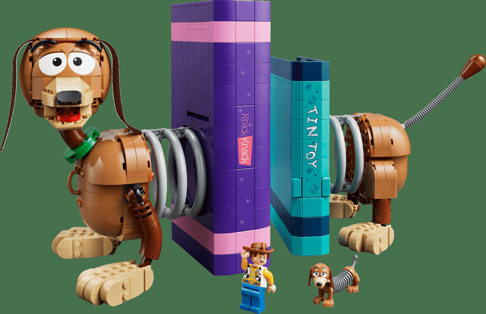 LEGO Toy Story 43301 Apoio de Livros Slinky Dog: cabeça e cauda do Slinky com mola elástica entre os livros Knick Knack e Tin Toy
