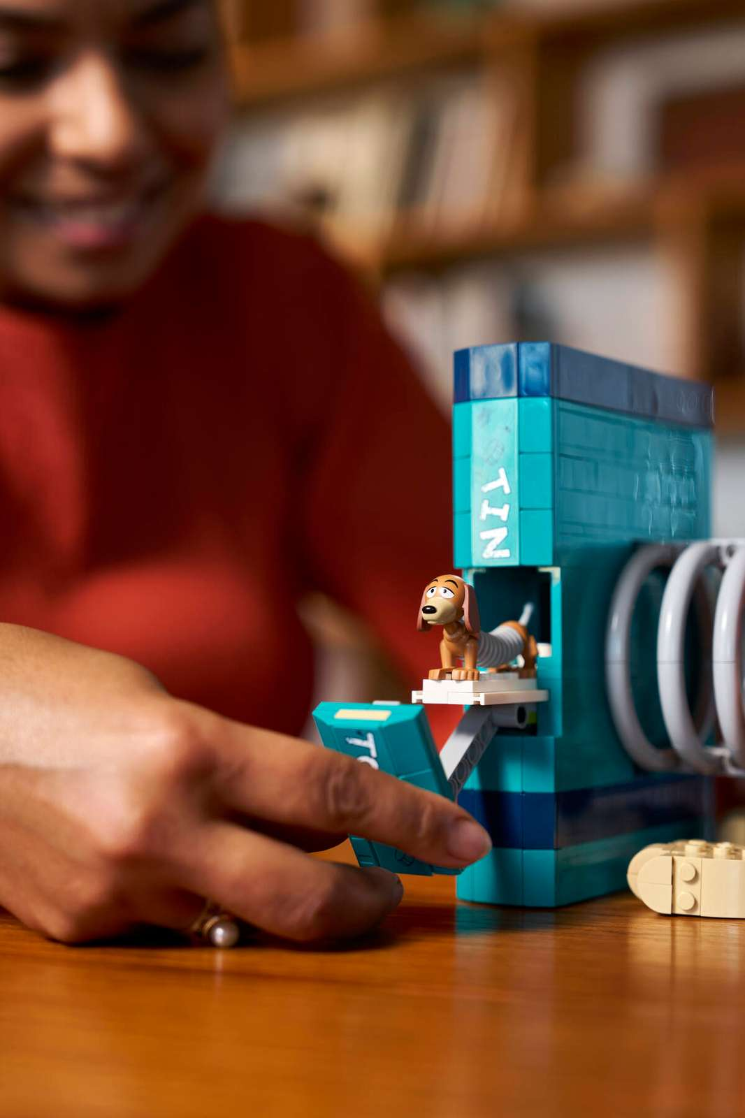 Slinky Dog na estante em ambiente real, com livro Tin Toy ao lado